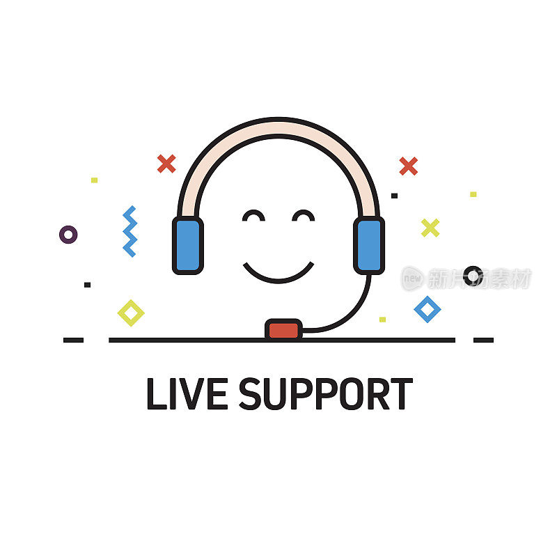 Live Support Flat Line Icon, Outline Vector Symbol插图。完美像素，可编辑的描边。